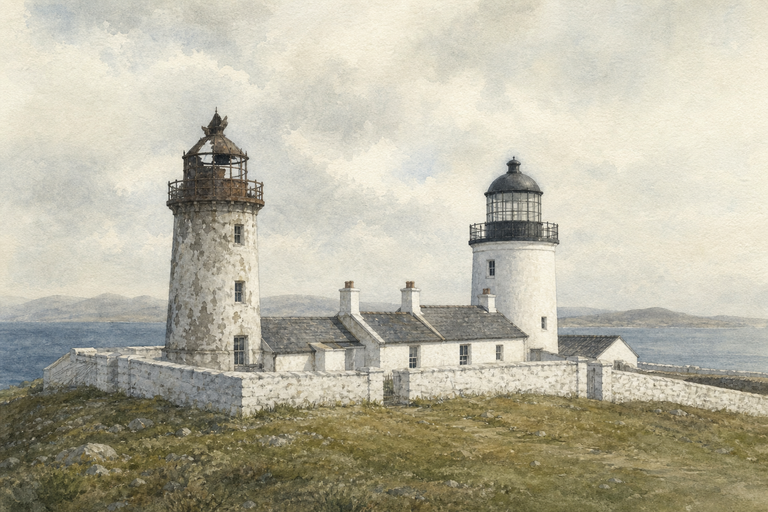 Interpretative watercolor showing the damaged original Clare Island tower beside its replacement within one lighthouse station.