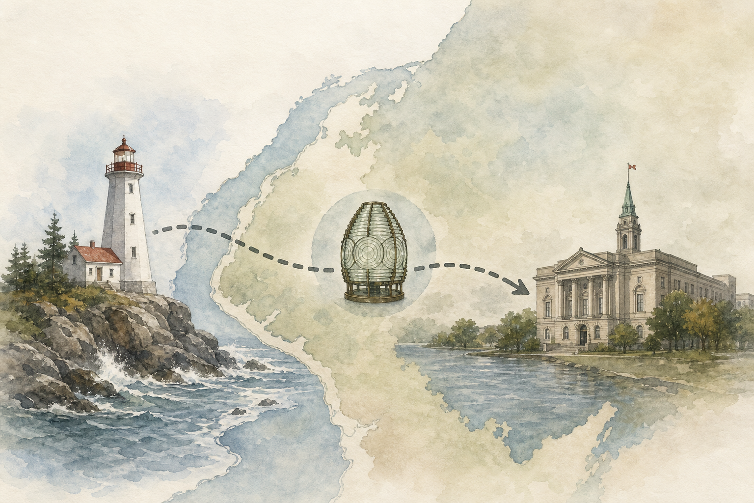Conceptual diagram of a harbor light vanishing as the shoreline is reclaimed.
