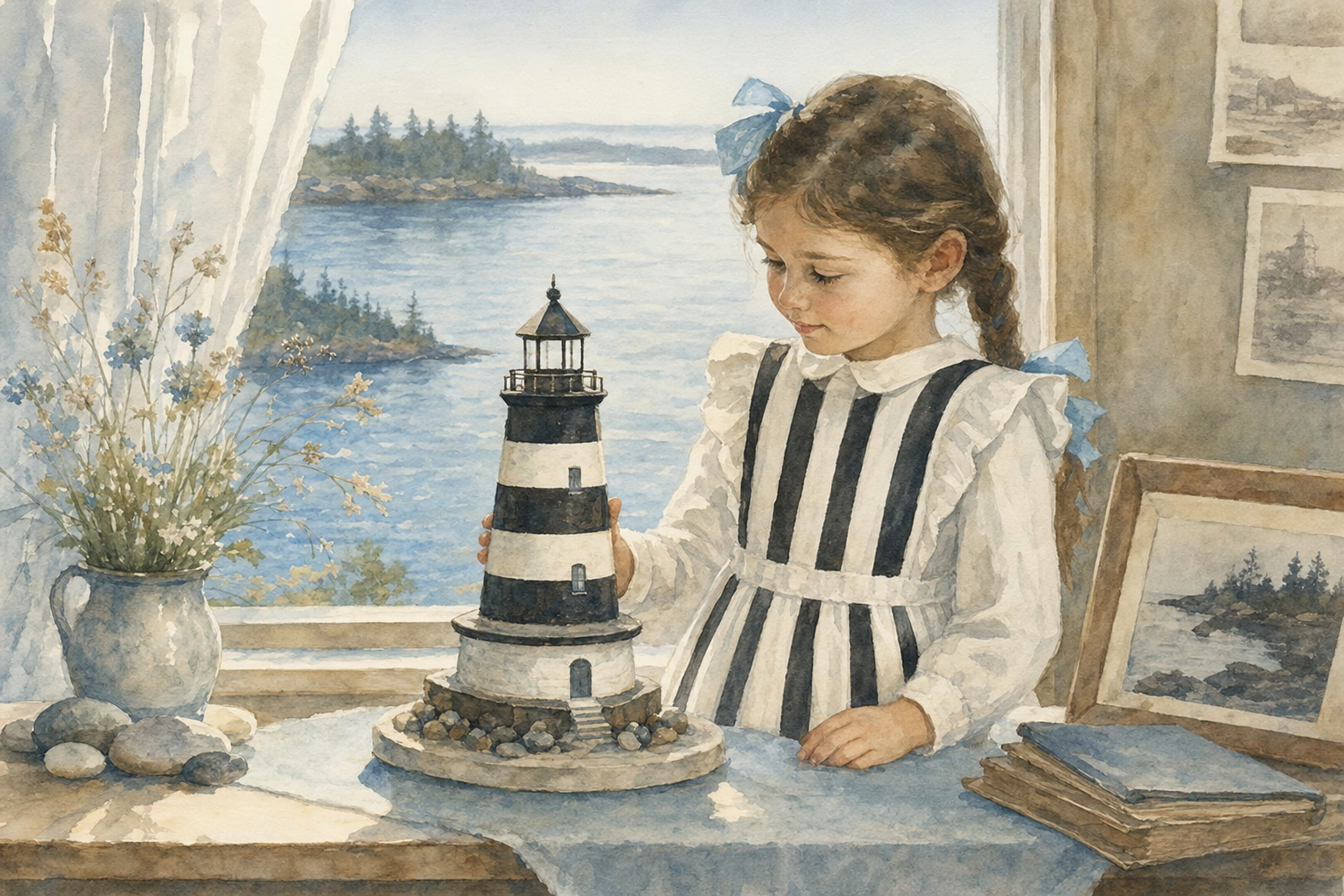 Watercolor illustration of young Vasilisa in a striped lighthouse-pattern dress beside a model of the Vasilisin tower.